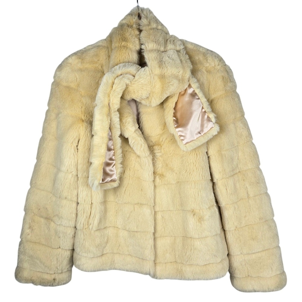 Incognita Cream Faux Fur Jacket Small Modacrylic Plush Glam Winter Coat